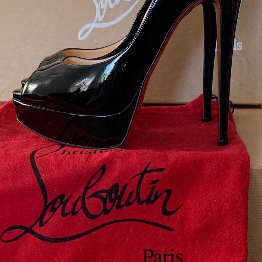 Christian Louboutin Black Patent Leather Platform Peep-Toe Pumps with Red Sole - Picture 10 of 11
